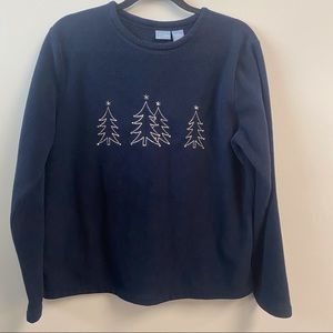 Holiday Christmas sweater with Christmas trees on front navy size large